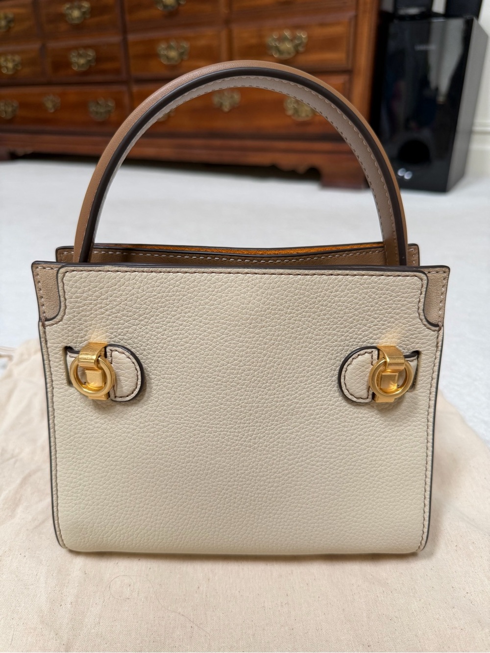 Tory Burch Leather Top-Handle Satchel in Cream and Brown - Picture 3 of 9